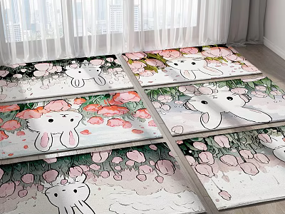 Cute Square Area Rugs With Cartoon Rabbits And Pink Flowers 3d model