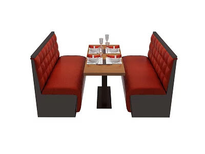 Comfortable Public Seating With Red Upholstered Booths And Wooden Dining Table 3d model