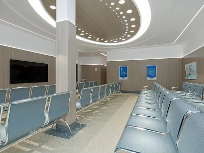 Modern Waiting Area Interior With Blue Seats Black TV Wall Posters And Ceiling Lights 3d model