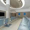 Modern Waiting Area Interior With Blue Seats Black TV Wall Posters And Ceiling Lights