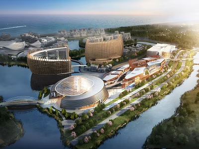 Aerial Planning of Modern Waterfront Development Featuring Circular Buildings Green Spaces and Bridge 3d model