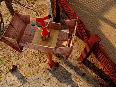 Outdoor Fire Safety Equipment With Red Fire Extinguisher On Wooden Platform And Stone Pavement 3d model
