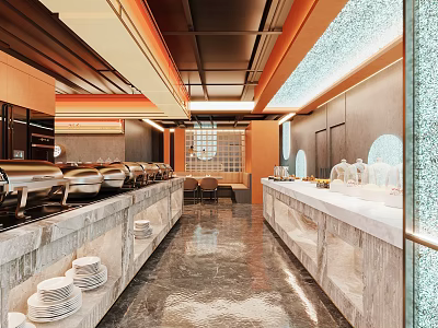 Modern Restaurant Interior With Buffet Tables Marble Countertops Open Layout And Displayed Dishes 3d model