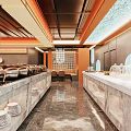 Modern Restaurant Interior With Buffet Tables Marble Countertops Open Layout And Displayed Dishes