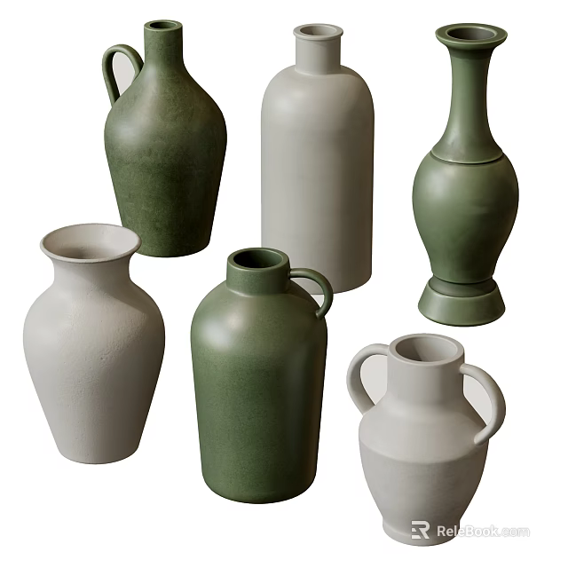 Green and White Ceramic Vessels with Various Designs and Handle Details for Home Decor 3d model 