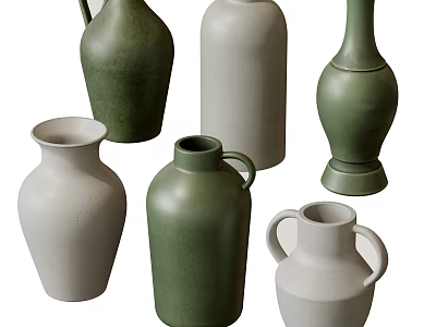 Green and White Ceramic Vessels with Various Designs and Handle Details for Home Decor 3d model