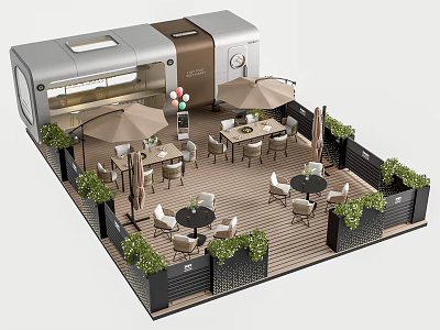 Charming Mobile Cafe with Outdoor Seating Umbrellas Green Plants Balloons and Wooden Patio 3d model