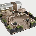 Charming Mobile Cafe with Outdoor Seating Umbrellas Green Plants Balloons and Wooden Patio