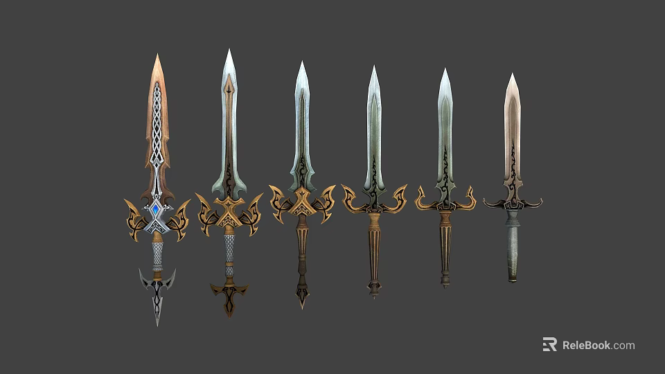 Six Decorative Swords Featuring Intricate Hilt Blade Designs And Diverse Colors 3d model 