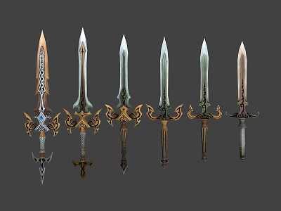 Six Decorative Swords Featuring Intricate Hilt Blade Designs And Diverse Colors 3d model