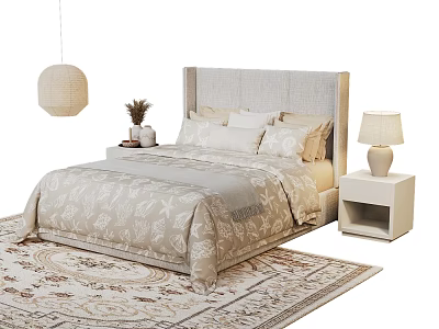 Neutral Toned Double Bed with Upholstered Headboard Bedspread Pillows Nightstand Lamp and Area Rug 3d model