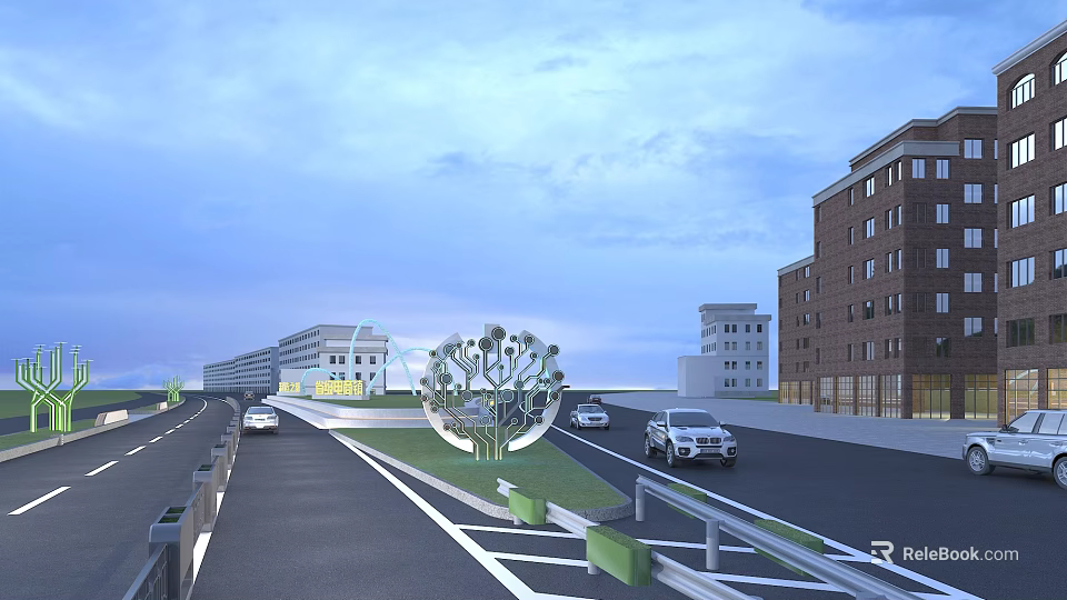 Urban Road Facilities With Green Landscaping Decorative Structure Flanking Buildings And Moving Vehicles 3d model 