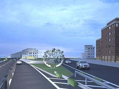 Urban Road Facilities With Green Landscaping Decorative Structure Flanking Buildings And Moving Vehicles 3d model