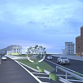 Urban Road Facilities With Green Landscaping Decorative Structure Flanking Buildings And Moving Vehicles