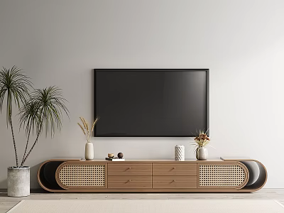 Modern Wooden TV Stand With Woven Panels Storage Drawers And Palm Plant Decor 3d model