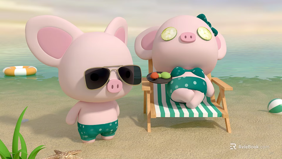Cute Pink Pig Characters In Beach Scene With Sunglasses And Cucumber Eye Patches 3d model 