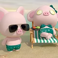 Cute Pink Pig Characters In Beach Scene With Sunglasses And Cucumber Eye Patches