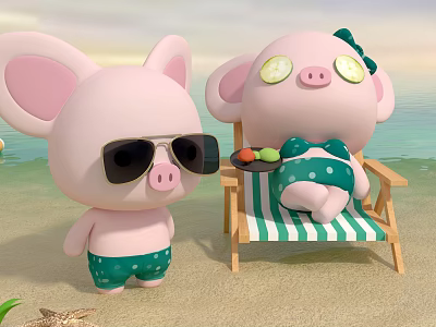 Cute Pink Pig Characters In Beach Scene With Sunglasses And Cucumber Eye Patches 3d model