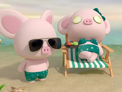 Cute Pink Pig Characters In Beach Scene With Sunglasses And Cucumber Eye Patches 3d model Cute Pink Pig Characters In Beach Scene With Sunglasses And Cucumber Eye Patches 3d model