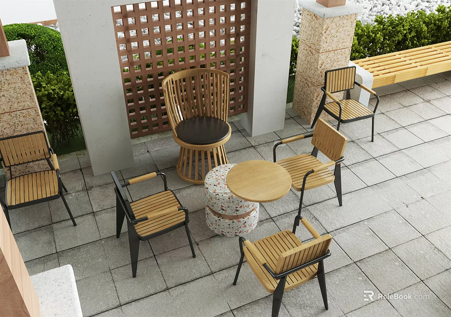 Stylish Outdoor Table with Wooden Chairs Lattice Screen Stone Bench and Greenery in Patio 3d model 