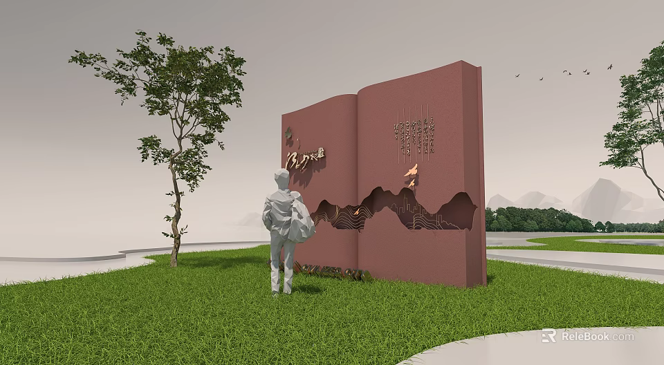 Garden Landscape Featuring Standing Figure Red Book Sculpture Green Grass Tree and Mountain View 3d model 