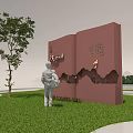 Garden Landscape Featuring Standing Figure Red Book Sculpture Green Grass Tree and Mountain View