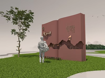 Garden Landscape Featuring Standing Figure Red Book Sculpture Green Grass Tree and Mountain View 3d model