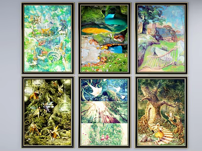 Various Colorful Landscape Paintings With Forest Scenes River Views And Mountain Cabins 3d model