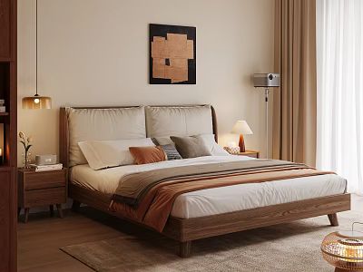 Cozy Modern Bedroom Interior With Wooden Bed Nightstand Table Lamp Wall Artwork Curtains And Rug 3d model