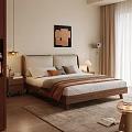 Cozy Modern Bedroom Interior With Wooden Bed Nightstand Table Lamp Wall Artwork Curtains And Rug