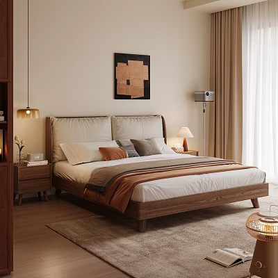 Cozy Modern Bedroom Interior With Wooden Bed Nightstand Table Lamp Wall Artwork Curtains And Rug 3d model