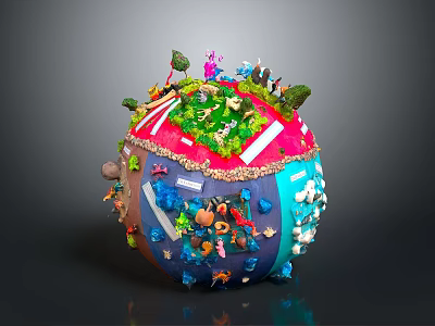 Colorful Sphere Artwork Featuring Grass Trees Marine Life And Small Animals 3d model