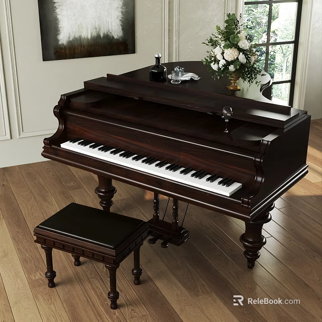 Elegant Wooden Piano And Wall Painting Setup With Bench Vase Flowers Wine Glass And Window 3d model 