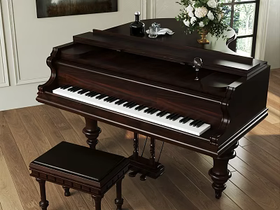 Elegant Wooden Piano And Wall Painting Setup With Bench Vase Flowers Wine Glass And Window 3d model