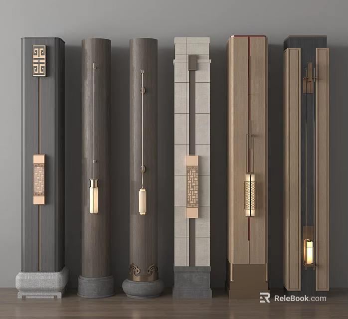 Modern Decorative Columns With Wooden Stone Metal And Lighting Elements 3d model