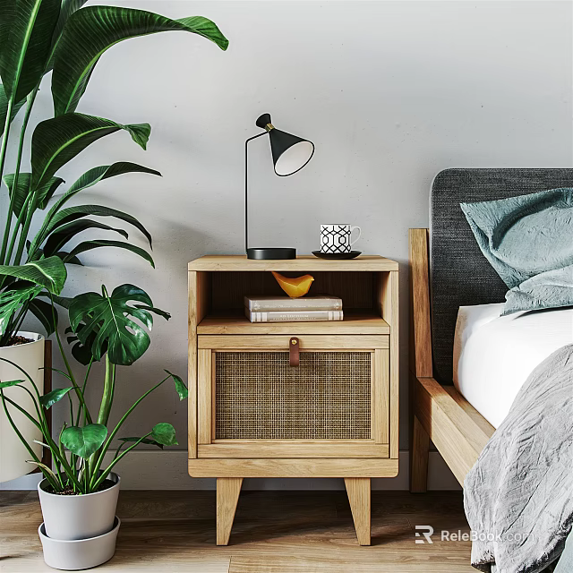 Natural Wooden Bedside Table With Lamp Books And Monstera Plant Next To Bed 3d model 