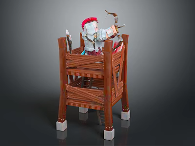 Wooden Watch Tower With Figure In Red Headscarf Holding Bow And Arrow And White Base 3d model