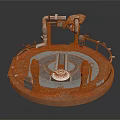 Rusty Industrial Circular Platform With Metal Pipes Mechanical Arm And Support Columns
