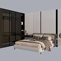 Modern Bedroom Interior With Double Bed Black Wardrobe And Striped Wall 3d model