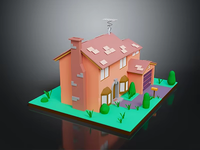 Orange Exterior House With Red Roof Chimney Garage Windows Green Shrubs And Lawn 3d model