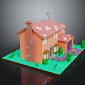 Orange Exterior House With Red Roof Chimney Garage Windows Green Shrubs And Lawn
