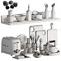 Essential Kitchen Cooking Utensils With Wooden Shelf Toaster Chopping Boards Bowls And Teapot
