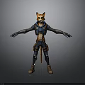 Anthropomorphic Cat Character In Blue Combat Outfit With Orange Fur Arms Outstretched