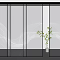 Modern Glass Sliding Doors With White Decorative Lines And Potted Plant In Interior