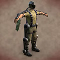 Tactical Soldier Wearing Mechanical Exoskeleton Suit With Combat Gear And Gun