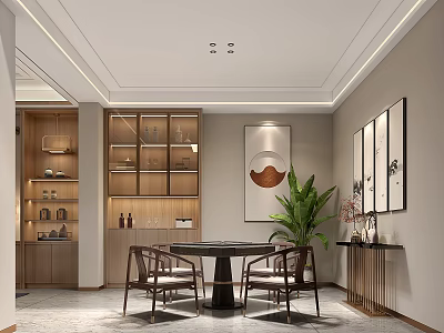 Hotel Chess Room Interior With Round Table Chairs Cabinets Green Plant And Hanging Paintings 3d model