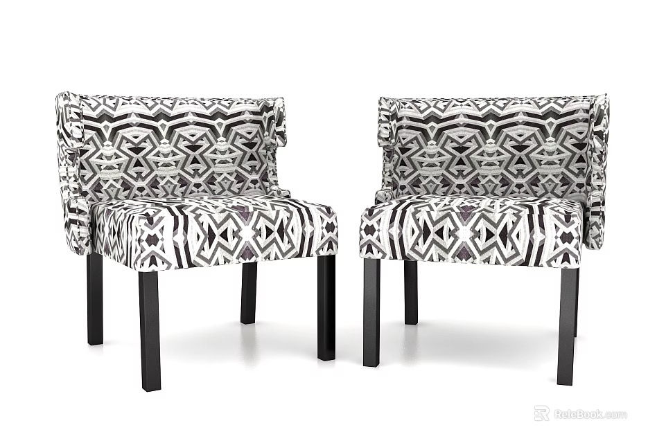 Modern Geometric Pattern Accent Chairs With Black White Upholstery And Dark Legs 3d model 
