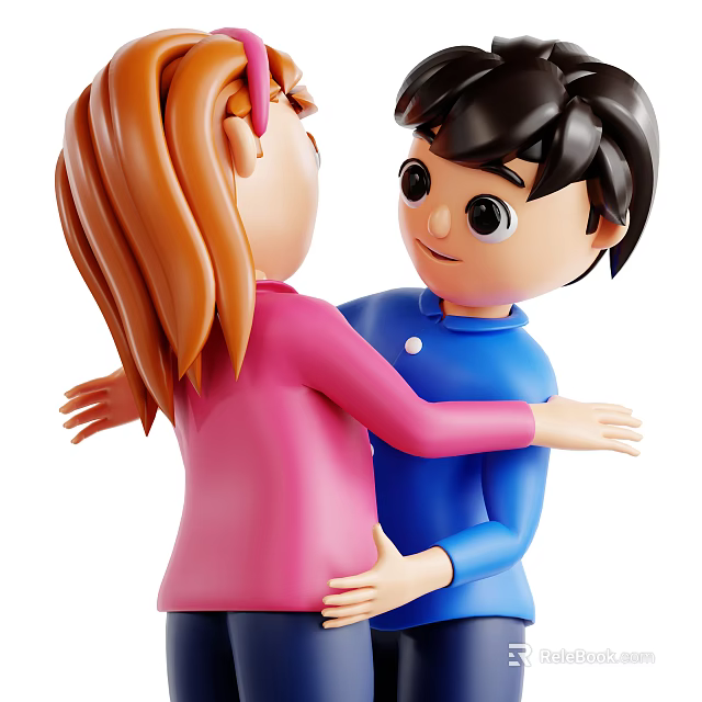 Two Cartoon Children Hugging Each Other in Pink and Blue Outfits 3d model 