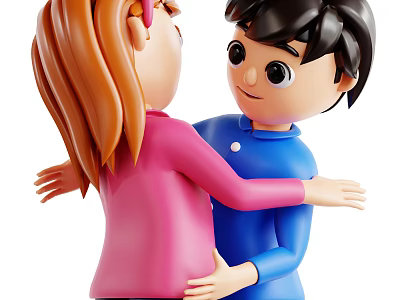 Two Cartoon Children Hugging Each Other in Pink and Blue Outfits 3d model