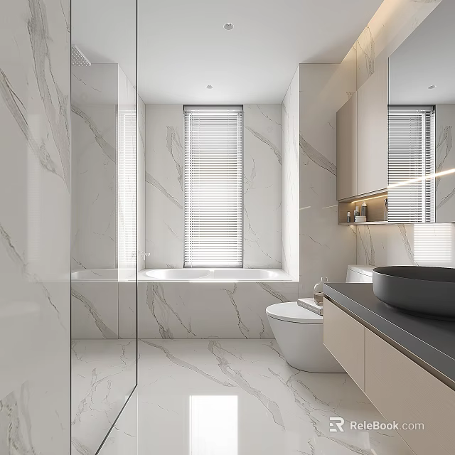Modern Bathroom Interior With Marble Walls Bathtub Vanity Countertop Mirror And Window Blinds 3d model 